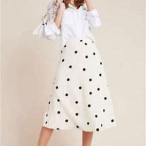 Anthropologie Andrea Textured Midi Circular Black/White Polka Dot Skirt Size M